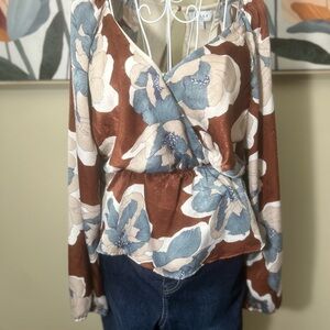 Gilli Floral Wrap Blouse in Brown and Blue